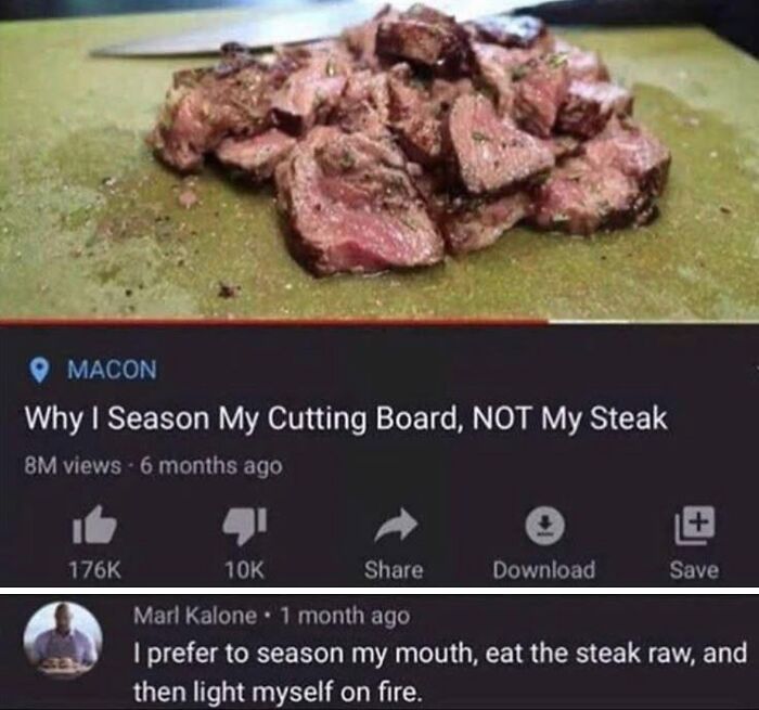 A respectful meme of a seasoned cutting board and steak, with a humorous comment about seasoning the mouth and eating steak raw, boosting morale.