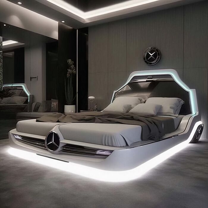 A modern bedroom featuring brilliant design choices with a luxurious, glowing Mercedes-Benz themed bed.