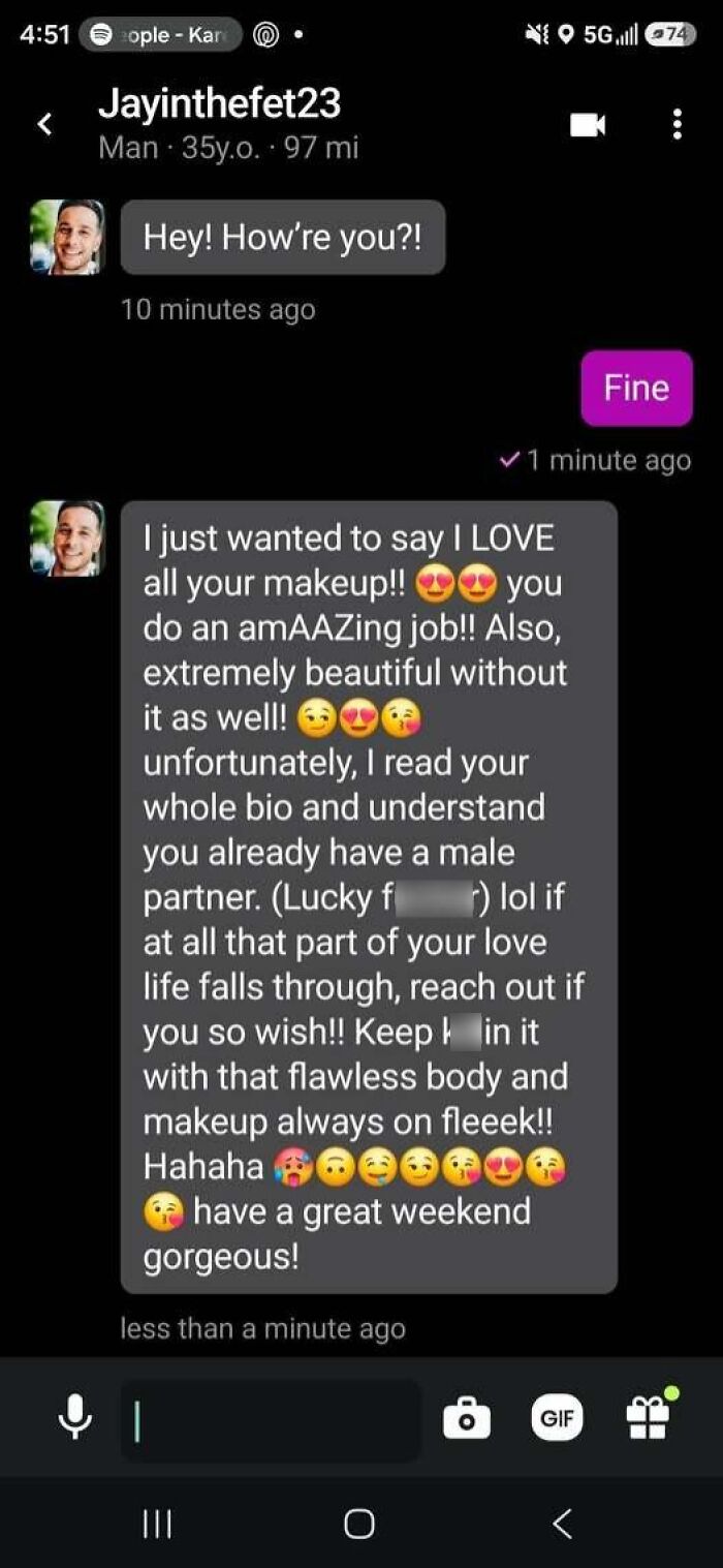 A phone screenshot showing a text message from a man making highly flattering and funny examples of comments.