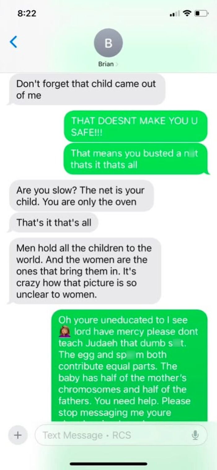 A funny example of a guy thinking too highly of himself, sending misogynistic text messages about reproduction.