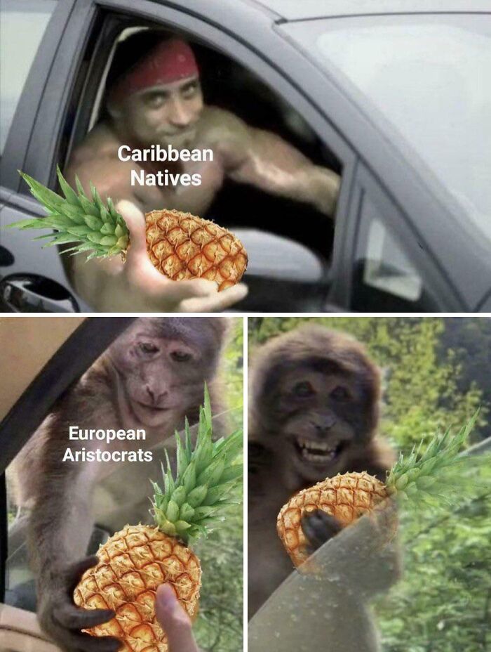A two-panel history meme showing Caribbean Natives giving a pineapple, and European Aristocrats reacting to it.