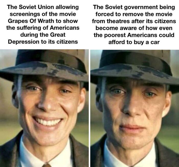 Cillian Murphy's face, smiling and then serious, illustrating a history meme about the Soviet Union and American cars.