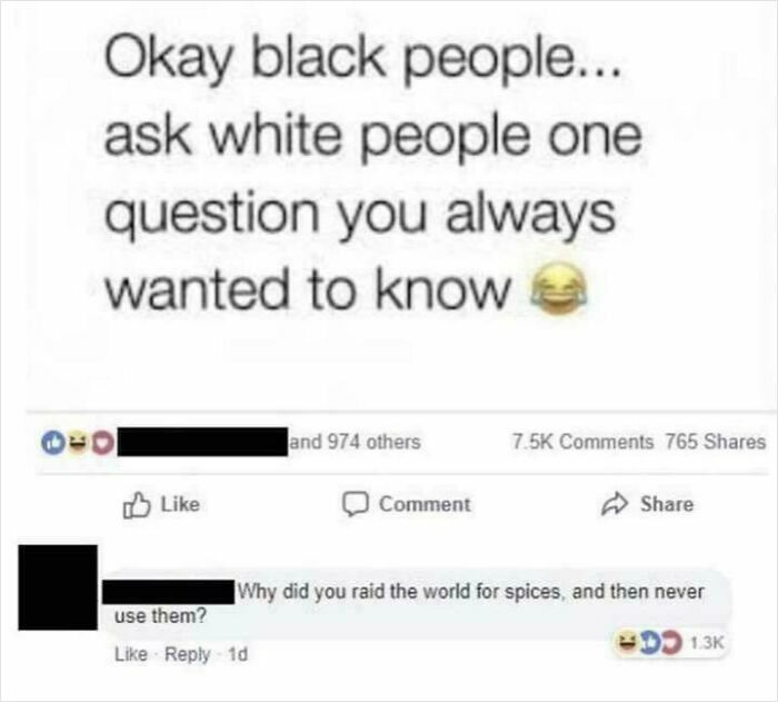 A social media post with a history meme question about Black and White people's history and spices.