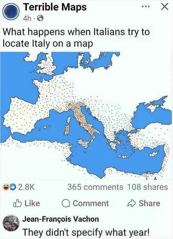 A history meme of a map showing Italy inaccurately marked multiple times by Italians.