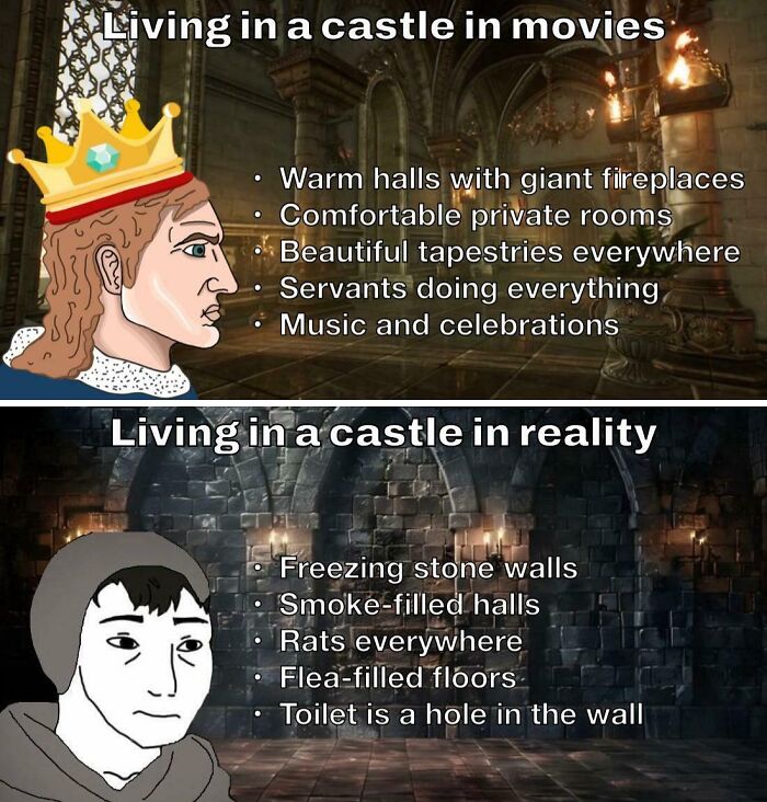 A history meme contrasting living in a castle in movies versus the cold, rat-infested reality.