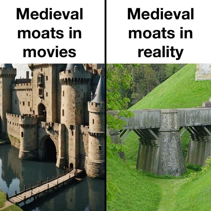 Humorous history meme contrasting medieval moats in movies vs. reality, showcasing differing perceptions of history.