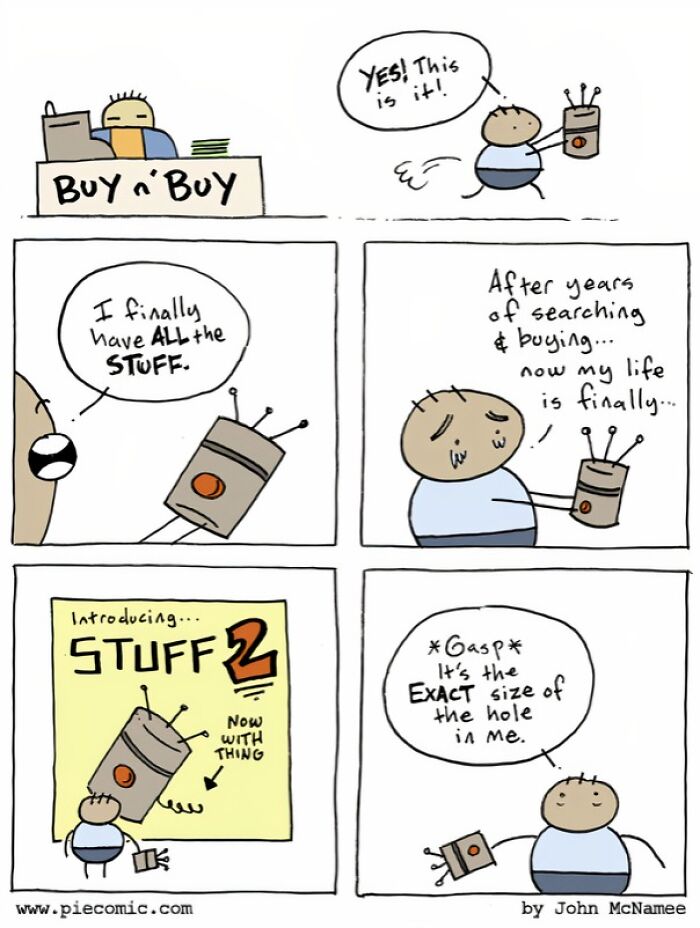 A comic strip about accumulating 'stuff,' reflecting consumerism and the 400% price difference.