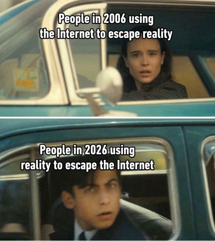 A split image shows people escaping reality vs. reality to escape the Internet, illustrating consumerism shifts.