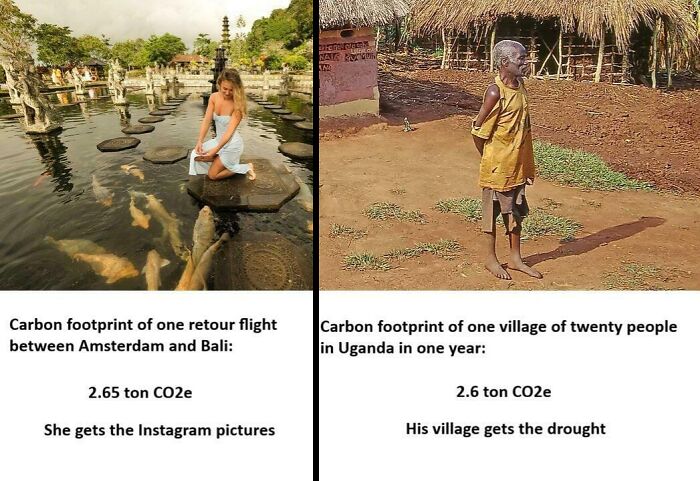 A split image showing a woman in Bali and a man in Uganda, highlighting the carbon footprint and consumerism.