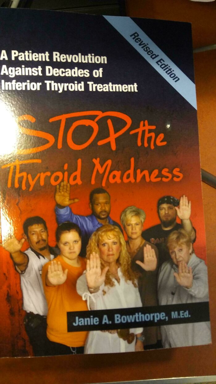 Hilariously unhinged book cover of Stop the Thyroid Madness showing people holding up their hands.