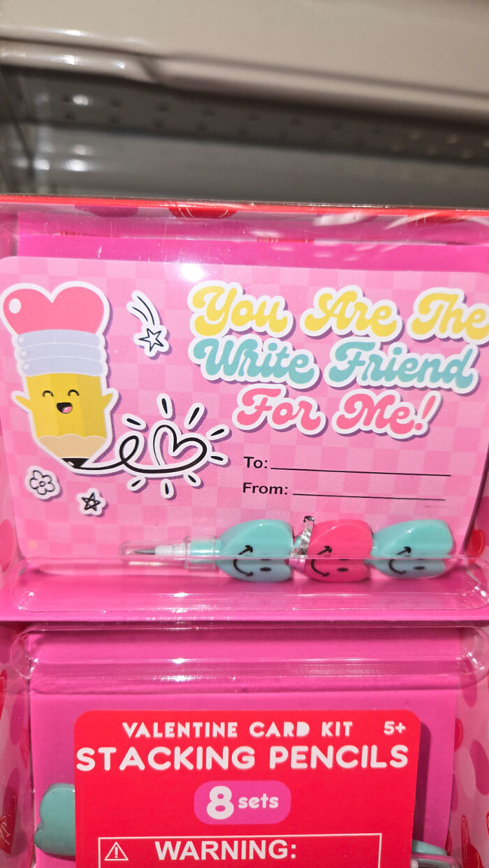 A Valentine's card kit with hilariously awful design, featuring the misspelled phrase YOU ARE THE WRITE FRIEND FOR ME.