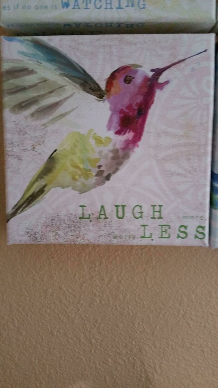 A painting of a hummingbird with the text LAUGH more and worry LESS, but the words are poorly spaced, an awful design fail.