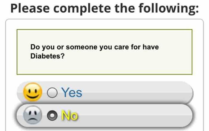 A hilariously awful design fail with a survey question that has Yes and No options represented by happy and sad emojis.