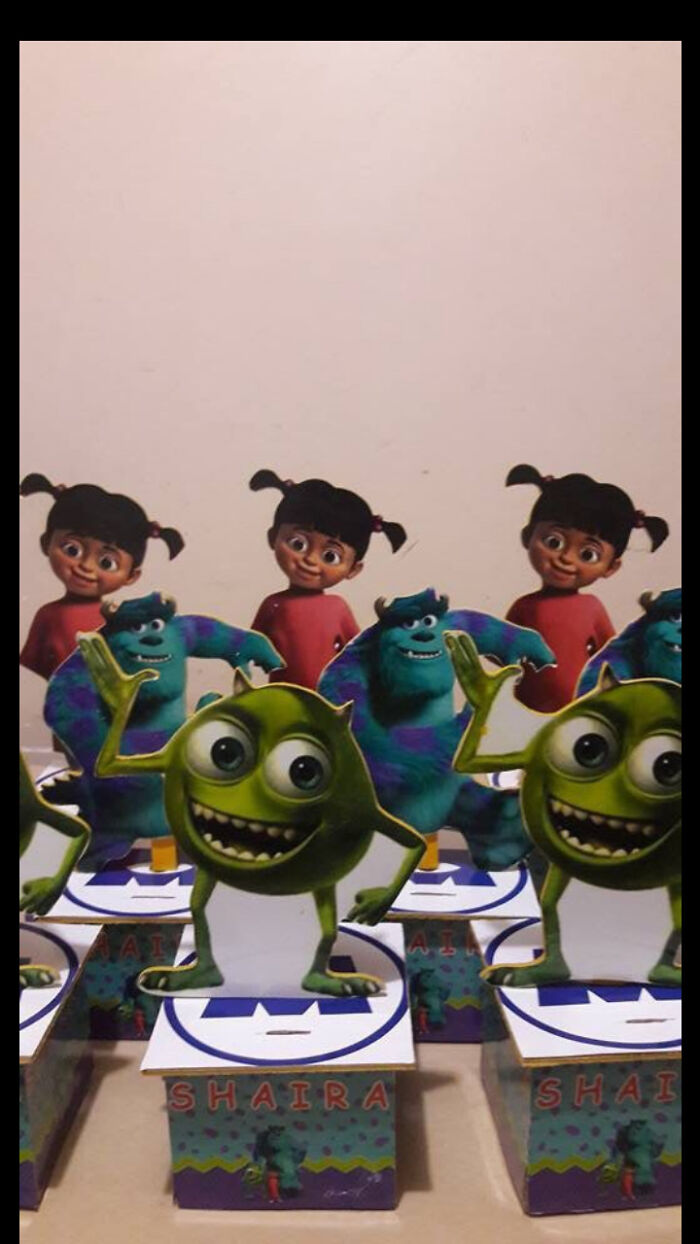 Monsters Inc. Mike Wazowski and Boo cutouts on party favors, an example of design fails.