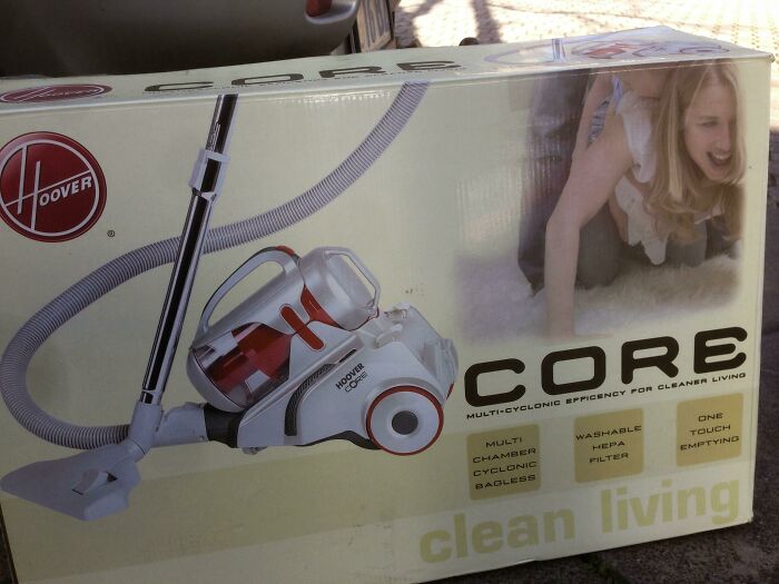 A Hoover CORE vacuum cleaner box, displaying an unfortunate design fail with the model.