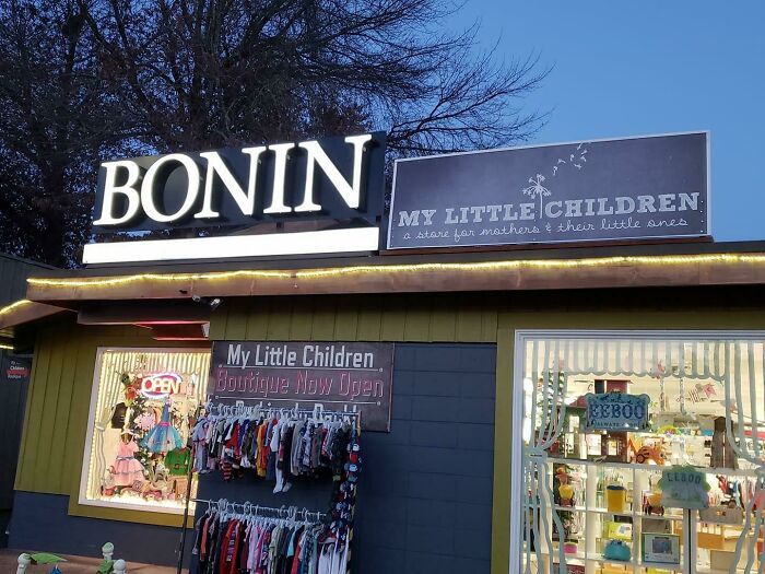 An exterior shot of Bonin and My Little Children shops, showcasing some design fails.