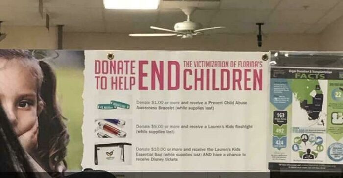 A hilariously awful design fail with a banner that poorly phrases a message to end children victimization.