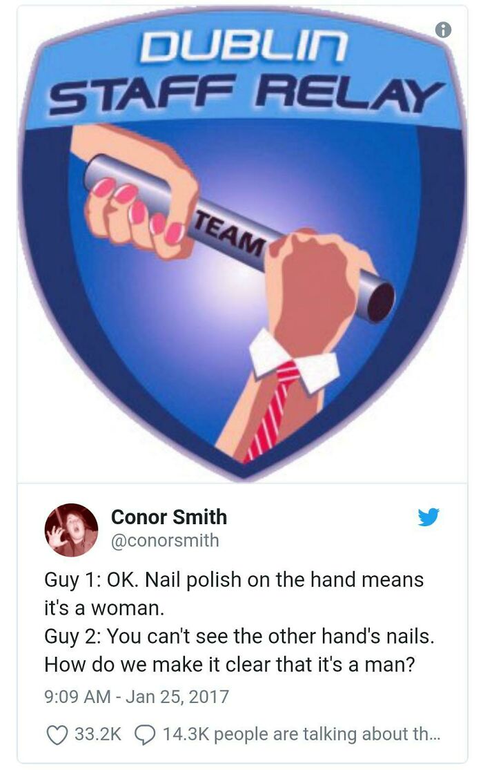 A hilariously awful design fail in a Dublin Staff Relay logo featuring a man's hand with pink nail polish.