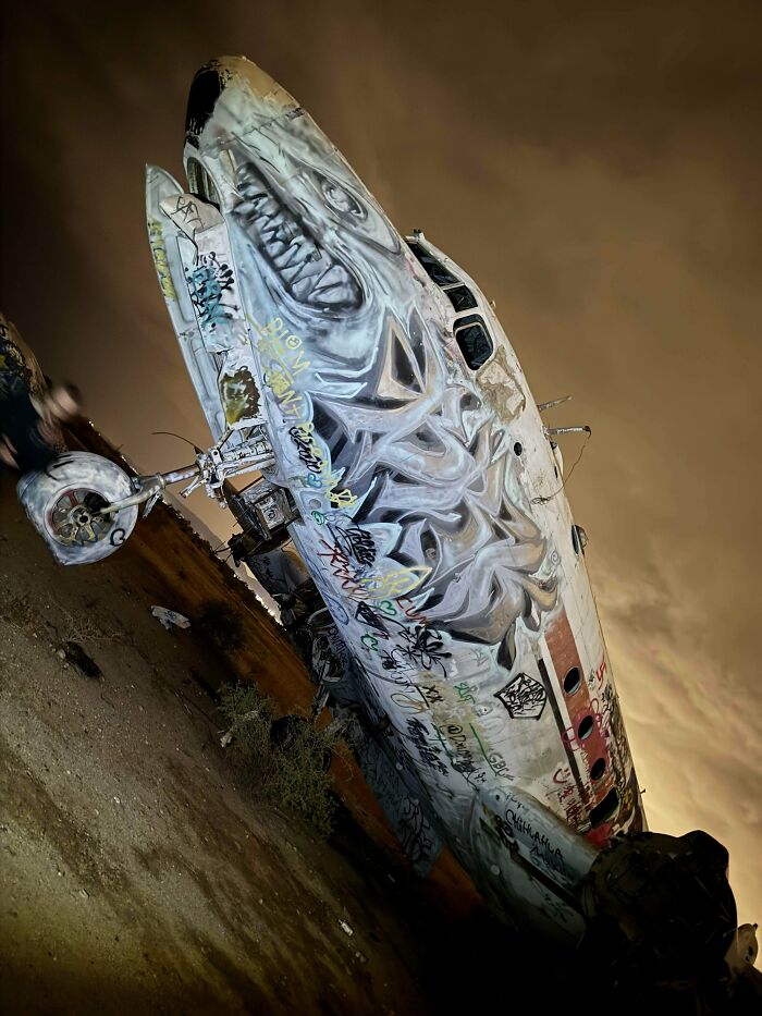 An old airplane, covered in striking graffiti art resembling a monster, was a surprising find for urban explorers.