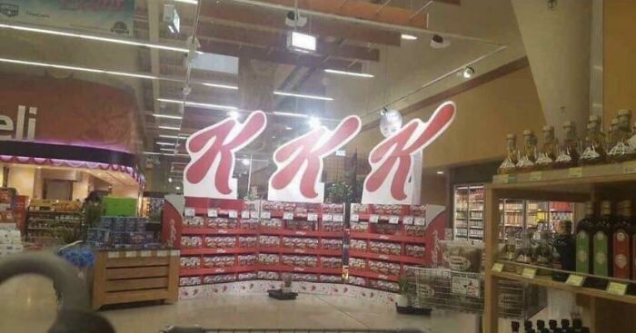 A hilariously awful design fail in a supermarket with a display spelling out K*K.