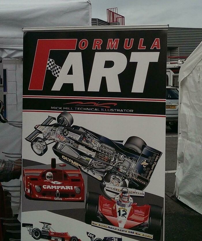 A banner for a car racing event with the title FORMULA FART, a hilarious and awful design fail.