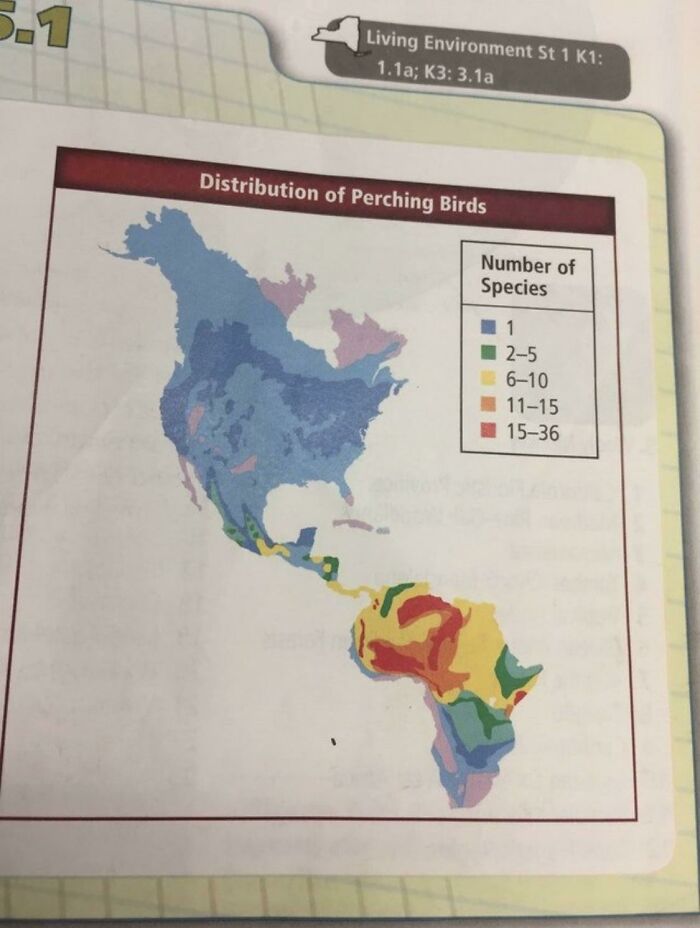 Map of North and South America showing the distribution of perching birds, an awful design fail.