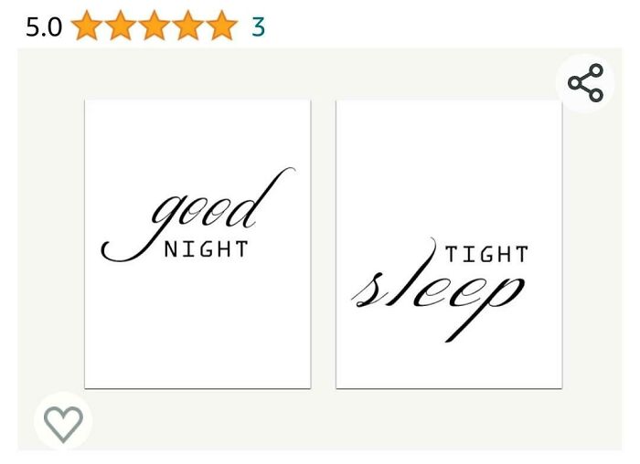 A hilariously awful design fail with white posters displaying good night and sleep tight with mismatched fonts.