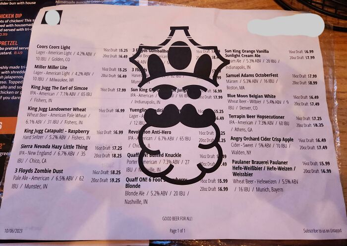 A hilariously awful design fail on a beer menu with a large, obstructing logo of a king with a mustache.