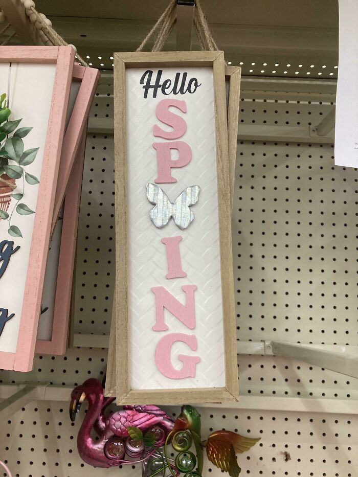 A hanging wooden sign with the word Hello at the top and the word SPRING written vertically with a butterfly, an awful design fail.