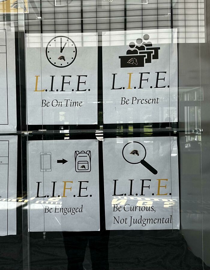 Four posters with the acronym L.I.F.E. and different rules, demonstrating a design fail for a positive message.