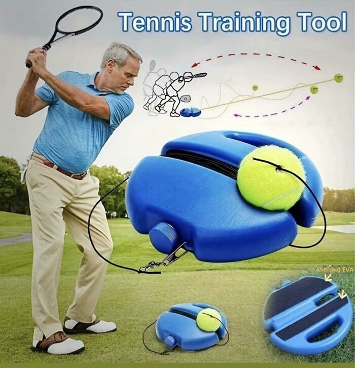 An image advertising a tennis training tool, poorly photoshopped with a golfer, a hilarious design fail.