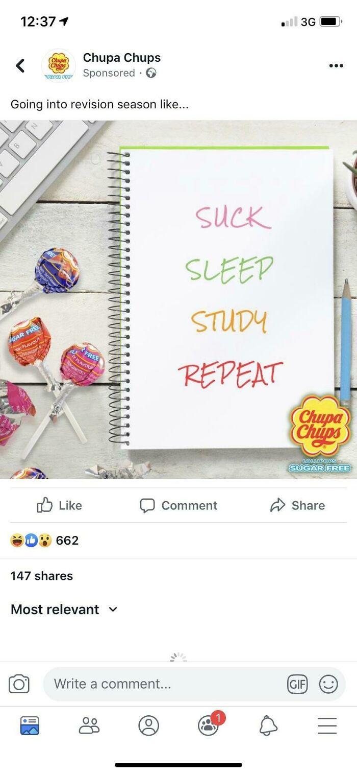 A social media ad with a design fail, showing a notebook with the phrase SUCK SLEEP STUDY REPEAT.