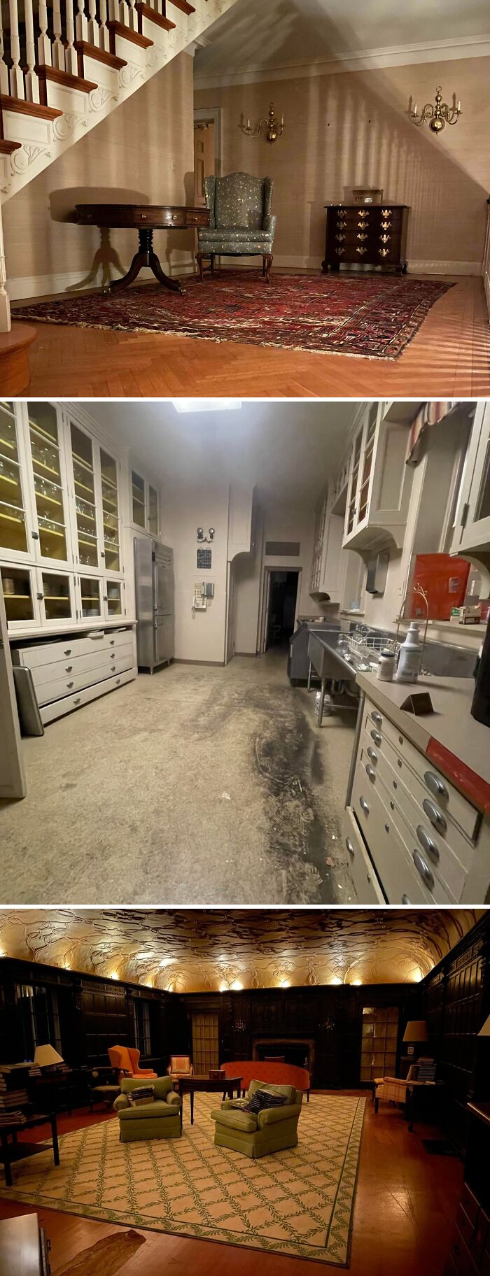 Three distinct rooms: a grand foyer, a long, industrial-style kitchen, and a dark, ornate living area, all unexpected finds by urban explorers.