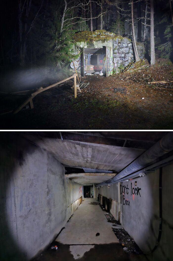 Urban explorers discovered a dark, graffiti-covered tunnel entrance in a forest and a long concrete hallway.