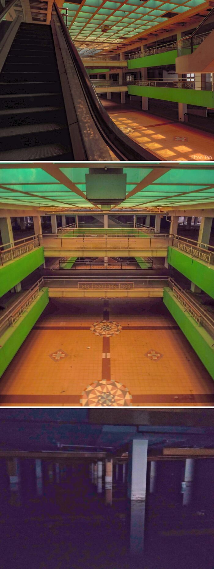 Urban explorers discovered an abandoned shopping mall with escalators and a unique tiled floor.