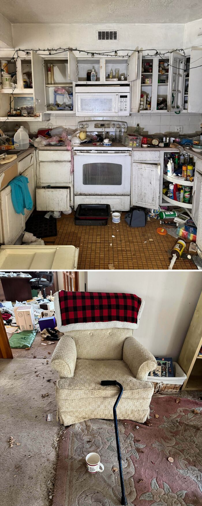 Urban explorers found a messy, abandoned kitchen and a dirty armchair with a plaid blanket.