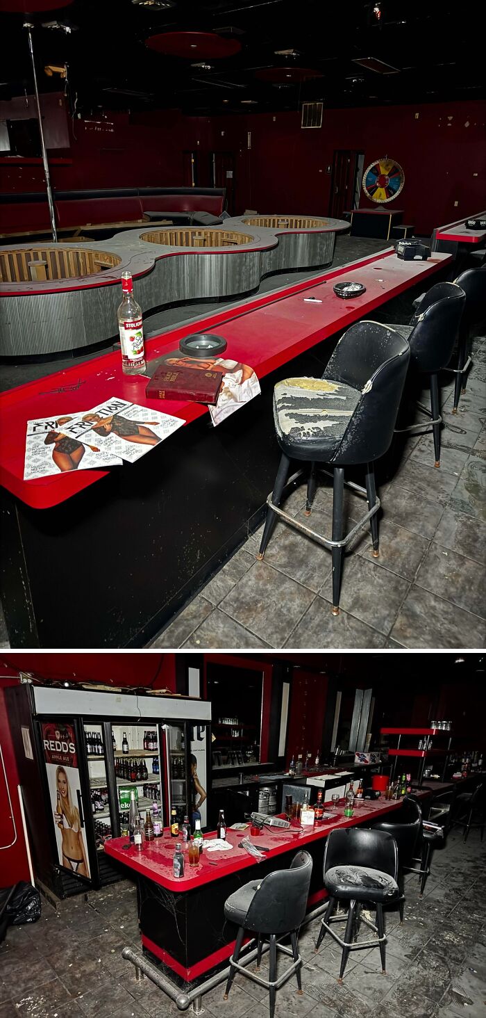 Urban explorers encountered an abandoned bar with a s******r pole, unexpected things they never expected to find.