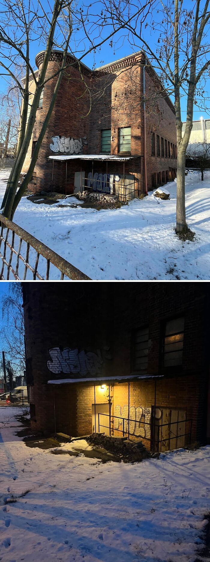 Urban explorers discovered an old brick building covered in graffiti, surrounded by snow during the day and lit at night.