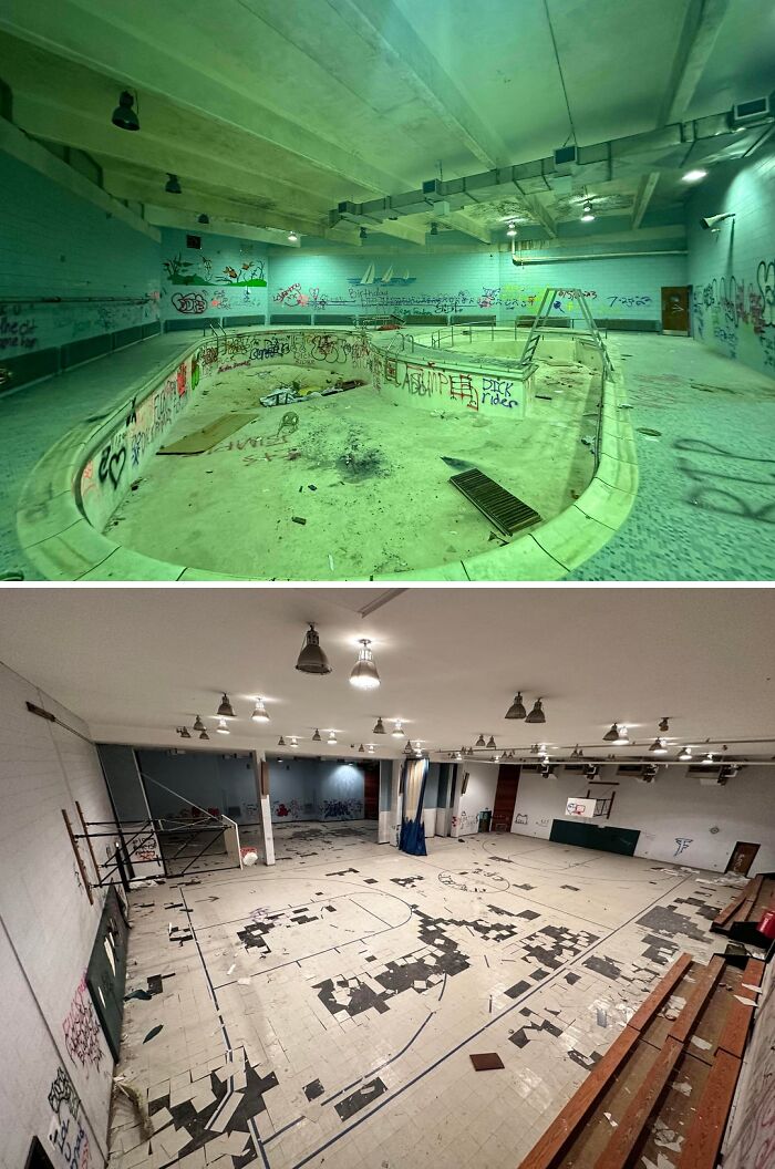 Urban explorers stumbled upon an abandoned swimming pool filled with graffiti and a decaying basketball court.