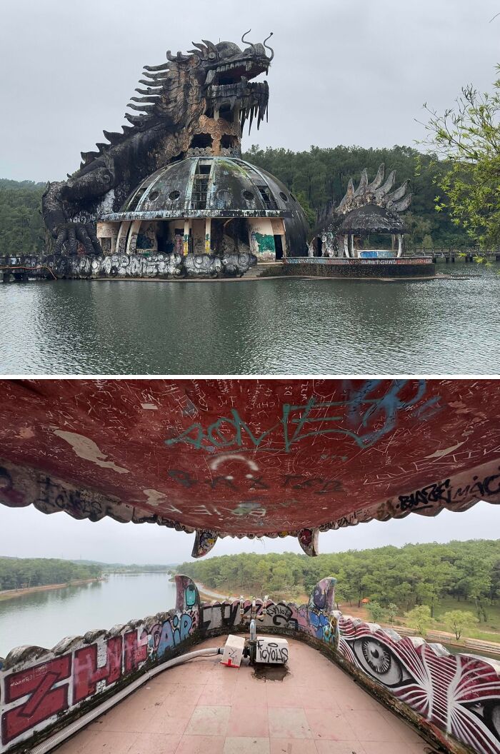 Urban explorers found an unexpected, massive dragon-shaped structure over water, covered in graffiti and decay.