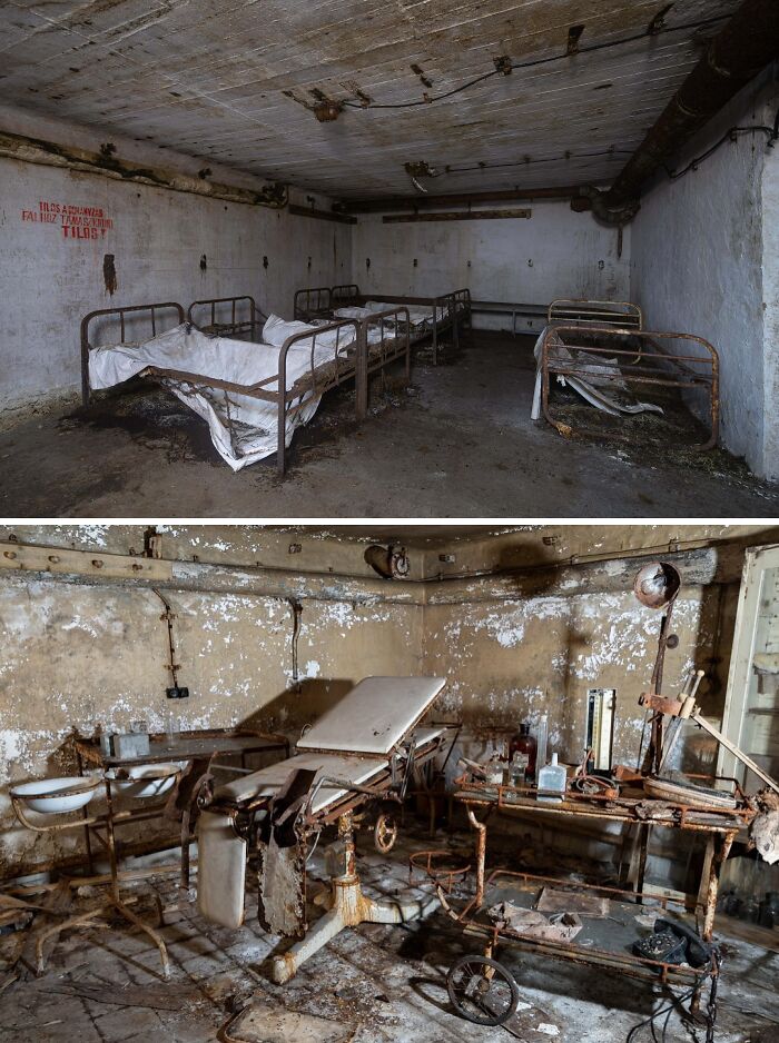 Urban explorers found an unexpected abandoned underground bunker with rusty beds and a dilapidated medical room.
