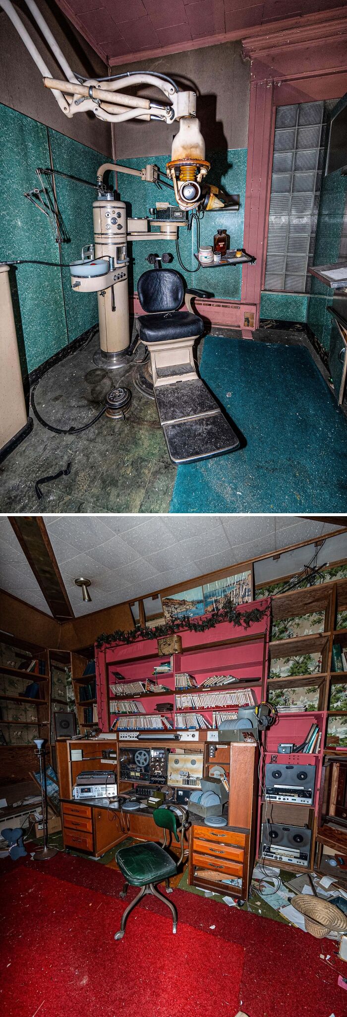 Urban explorers uncovered an abandoned dental office and a room with a vintage entertainment system, truly unexpected finds.