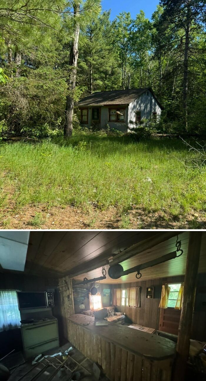 An exterior and interior view of a small, rustic abandoned cabin in the woods, an unexpected find for urban explorers.