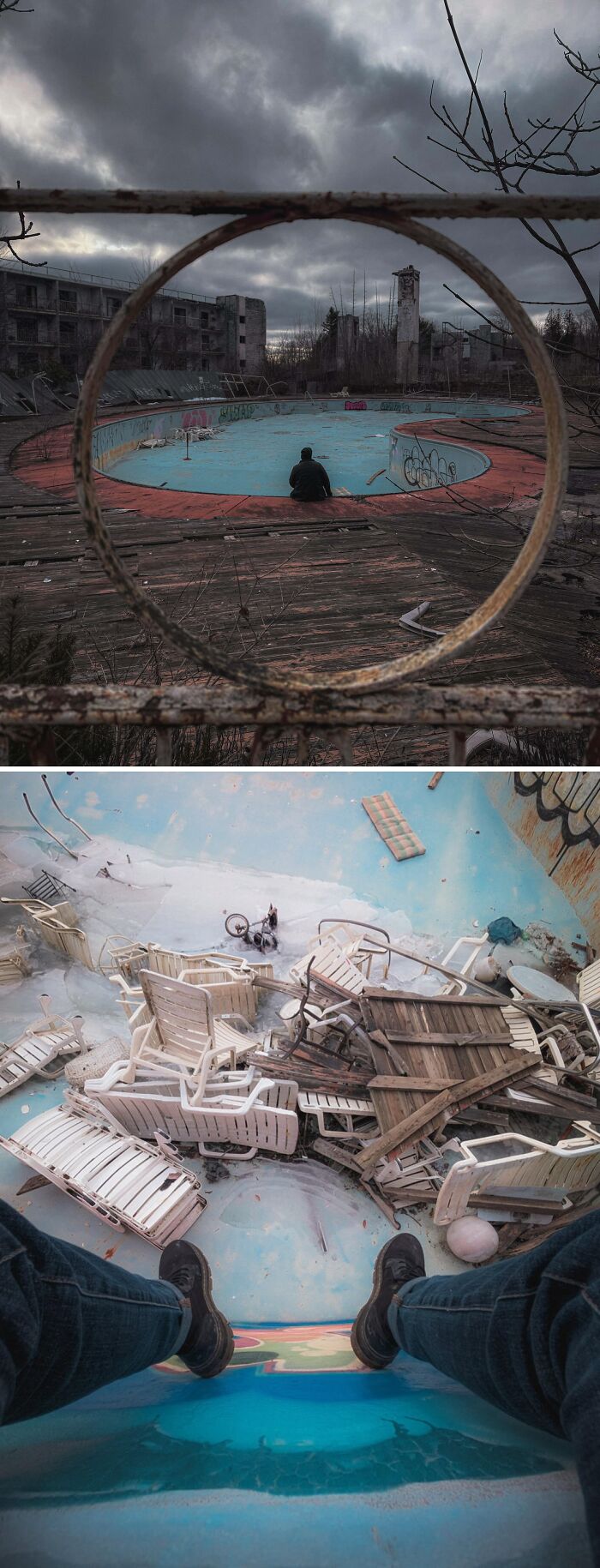An urban explorer sitting by an empty, abandoned swimming pool, a striking unexpected find under a dark sky.