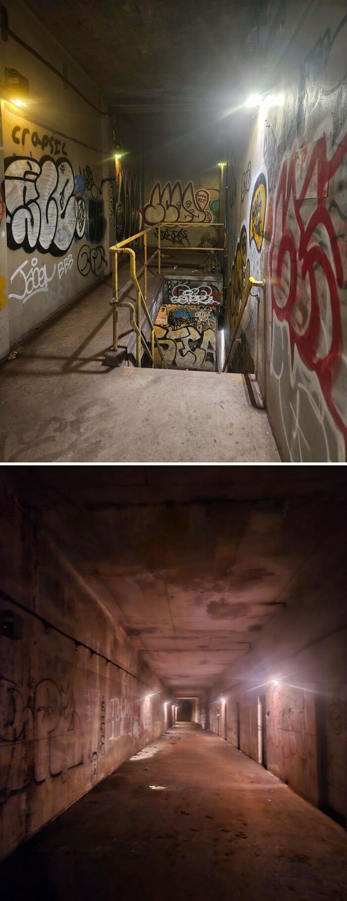 Urban explorers venturing into a graffiti-filled stairwell and a dark tunnel, discovering unexpected hidden locations.