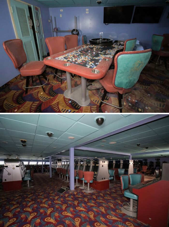 An abandoned casino with roulette tables and slot machines, a surprising find for urban explorers.