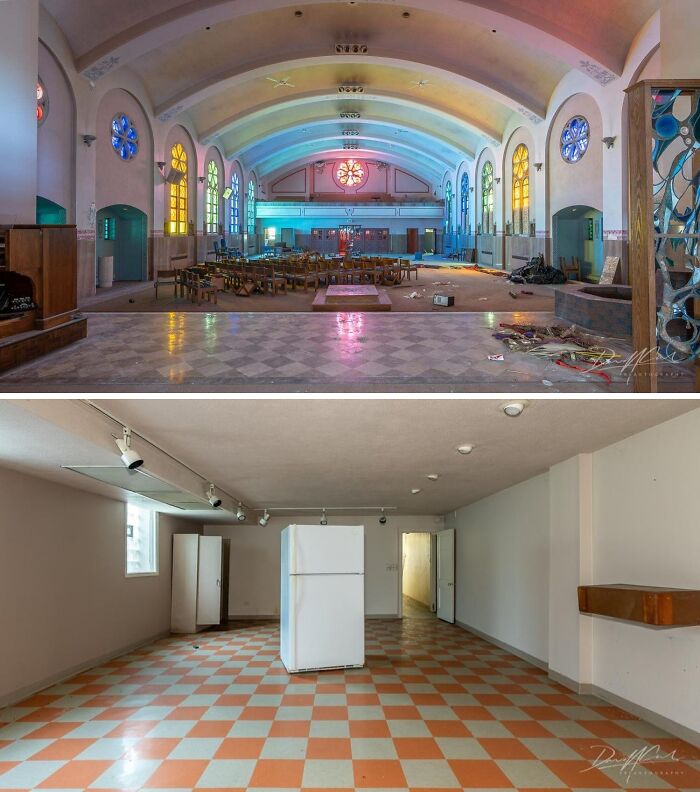 Urban explorers discovered a grand, colorful abandoned church and a sterile room with a lone refrigerator, unexpected scenes.