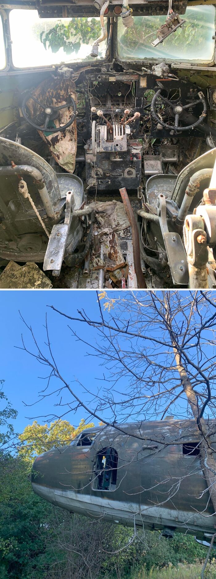 Urban explorers found an unexpected abandoned airplane in a dense forest, revealing a decaying cockpit.