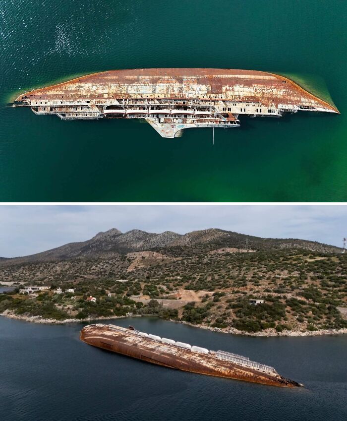 Urban explorers found an unexpected, enormous, rusted shipwreck submerged in serene, clear blue water.