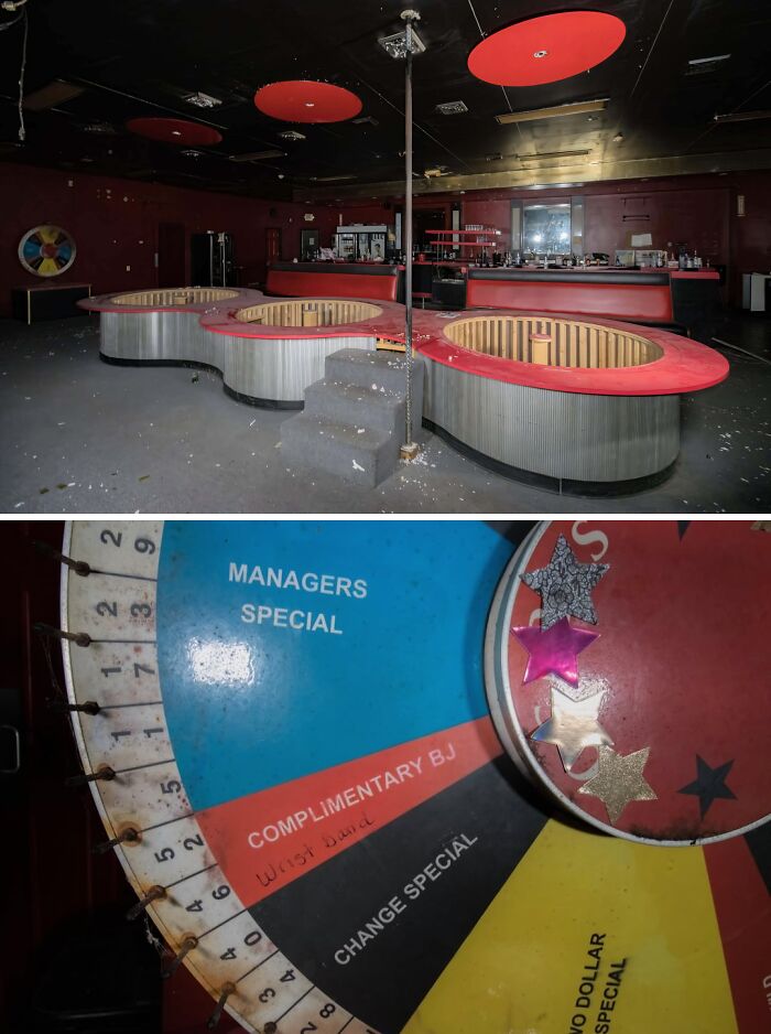 Urban explorers discovering an abandoned nightclub with a dance pole, circular bar, and a spin wheel offering a managers special.